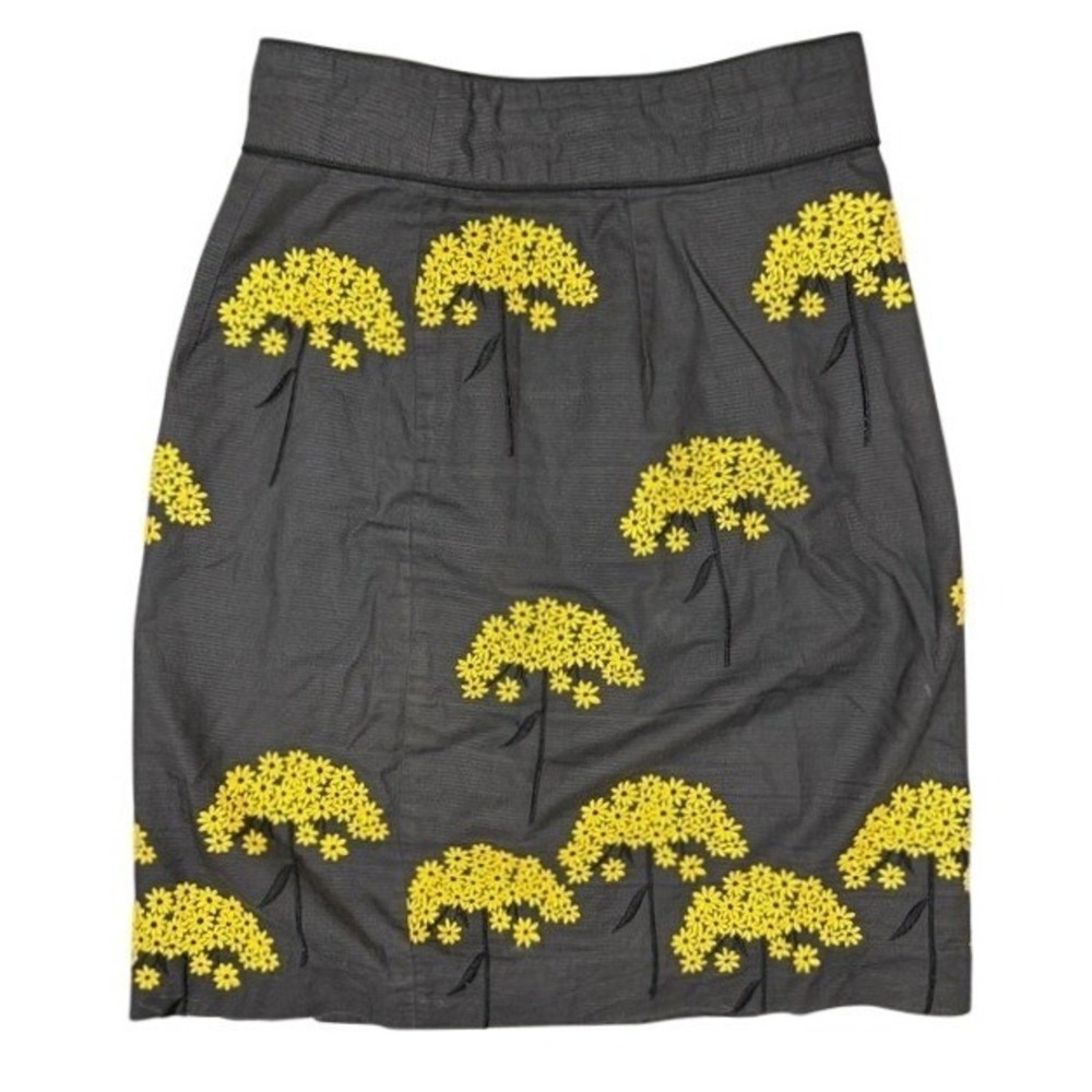 Floreat Anthropologie Womens Grey Yellow Floral Embroidered‎ Cotton Skirt Size 0